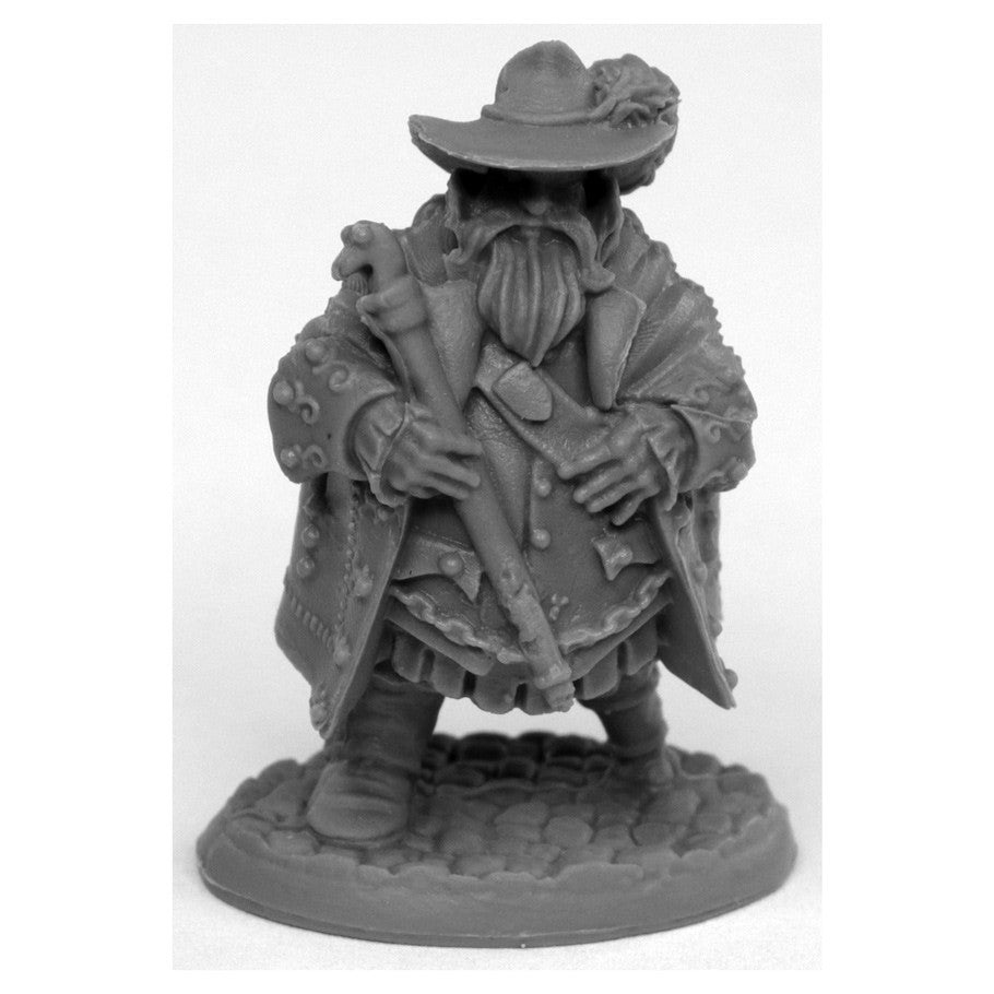 Reeve Irremborg, Planomap of Dreadmere - Gray fantasy miniature figurine of a bearded man wearing a wide-brimmed hat and detailed cloak holding a staff.