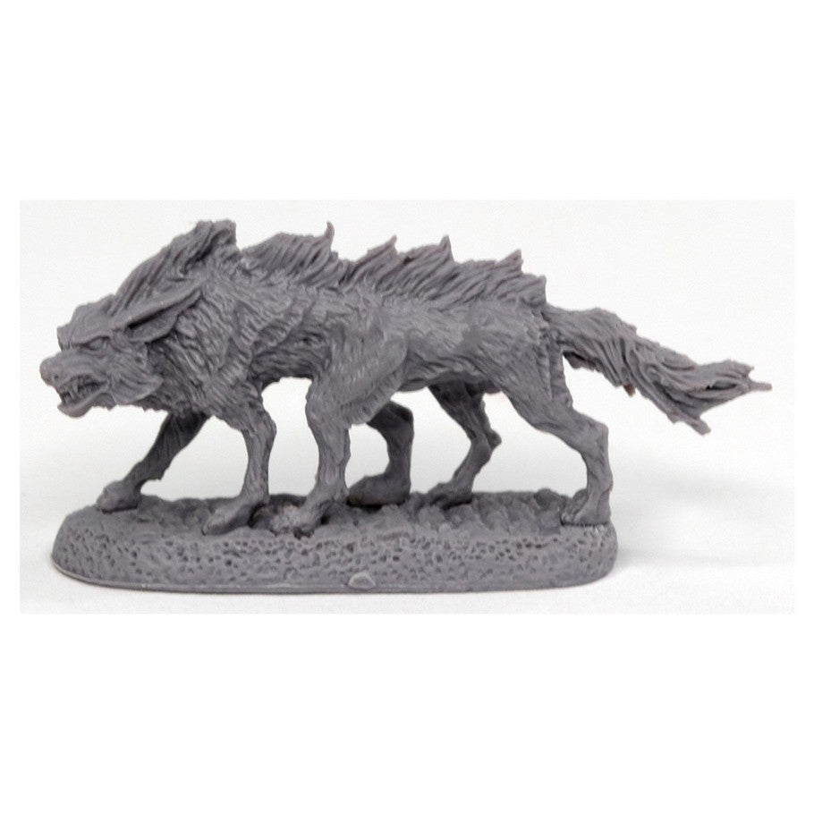 Bloodwolf - Gray detailed fantasy wolf figurine with spiked fur and snarling expression on textured base.