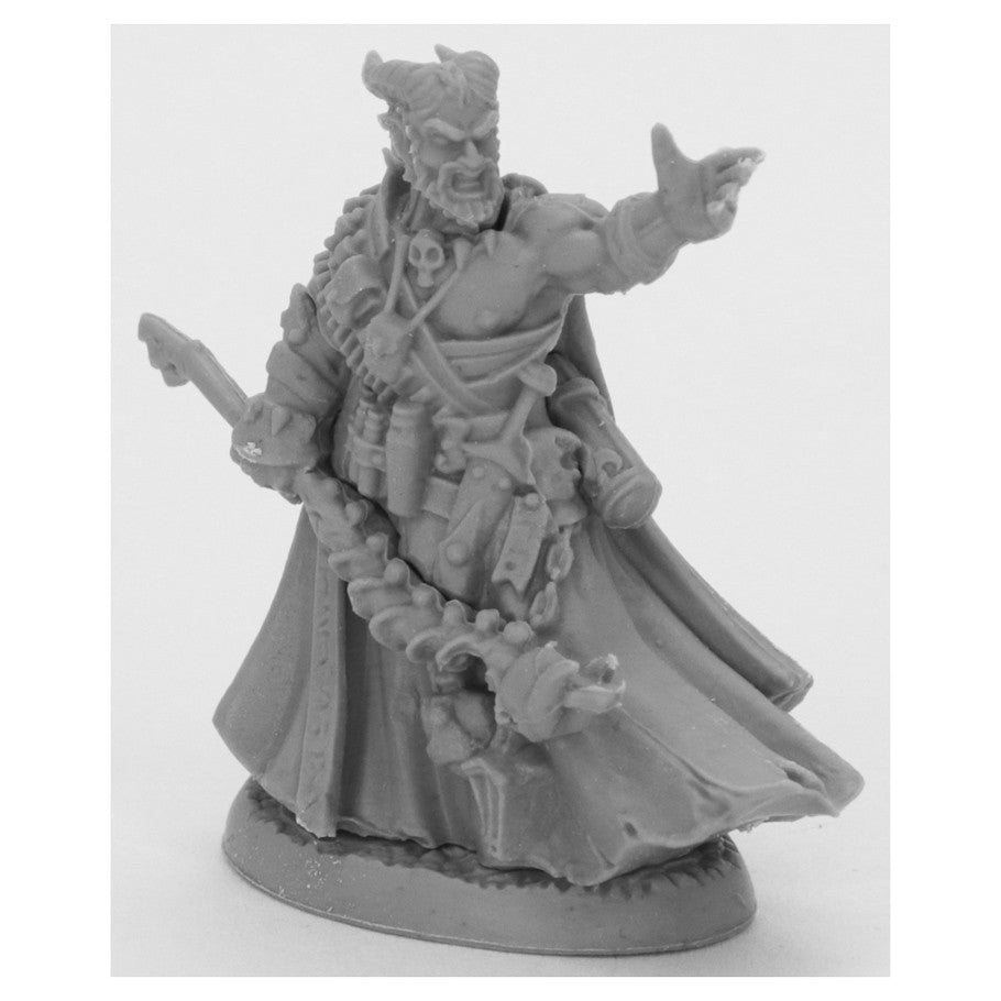 Bones Black: Vatanis, Hellborn Warlock - Gray unpainted fantasy warlock figurine with horned helmet, flowing cloak, and outstretched arm holding staff.