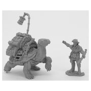 Dreadmere Tortoise & Drayman - Unpainted fantasy miniature of a tortoise with detailed saddle and lantern, next to an armed drayman figure in a hat and coat.