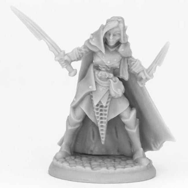 Bones Black: Dark Elf Female Warrior - Dark elf female warrior miniature in cloak holding two swords with armor details.