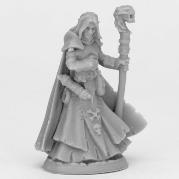 Bones Black: Dark Elf Wizard - Dark elf wizard miniature in flowing robes holding a skull-topped staff with a hooded cloak and detailed armor.