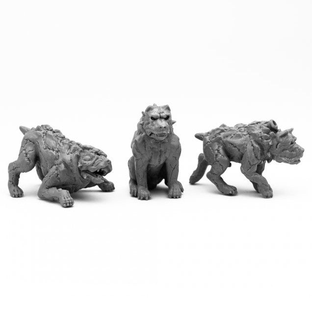 Bones Black: Hell Hounds (3) - Three black fantasy hellhound miniatures with muscular builds and fierce expressions, posed in varied stances.