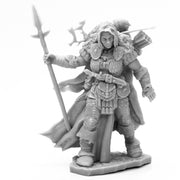 Bones Black: Frost Giant Ranger - Gray unpainted fantasy ranger miniature with spear, bow, quiver, and fur-trimmed cloak.