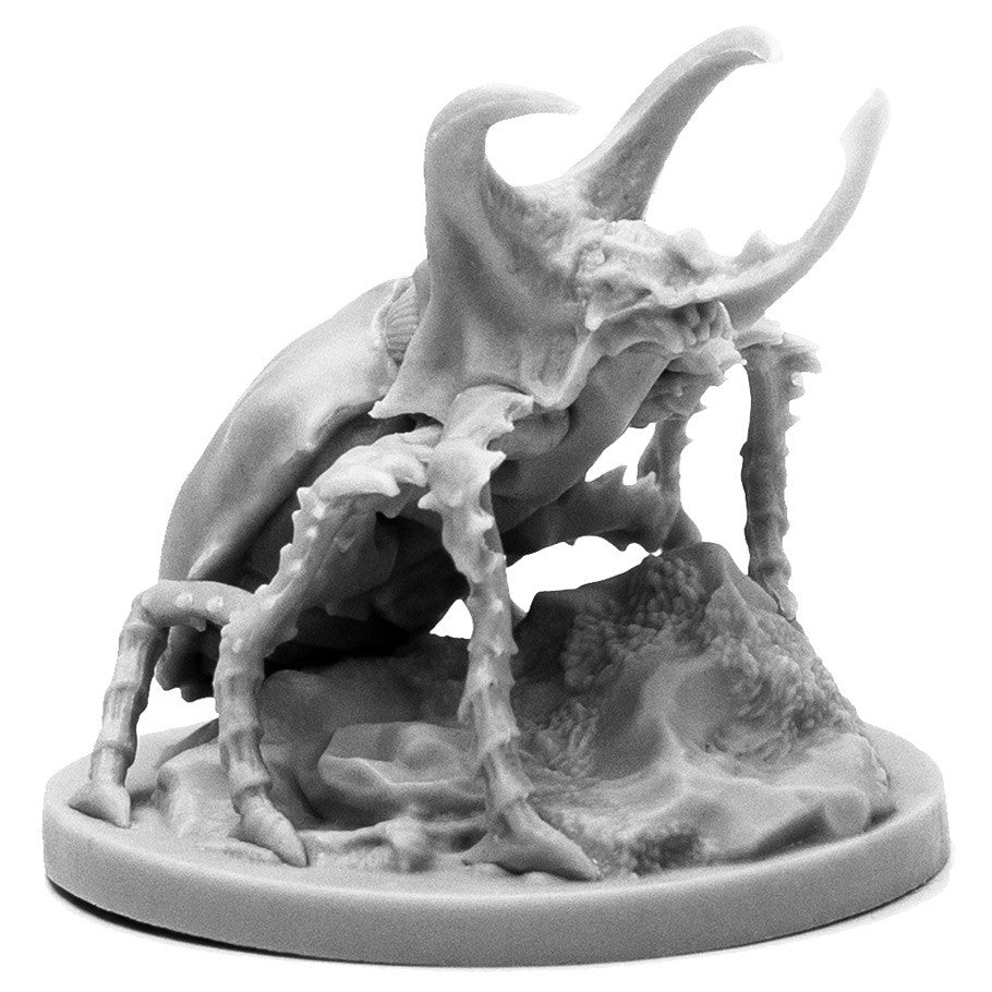 Giant Rhino Beetle - Unpainted gray miniature of a giant rhino beetle with detailed horns and legs on textured round base.