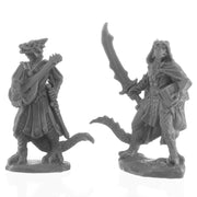 Bones Black: Dragonfolk Bard and Thief - Gray miniature figurines of anthropomorphic dragonfolk bard with lute and thief with curved sword in fantasy attire.