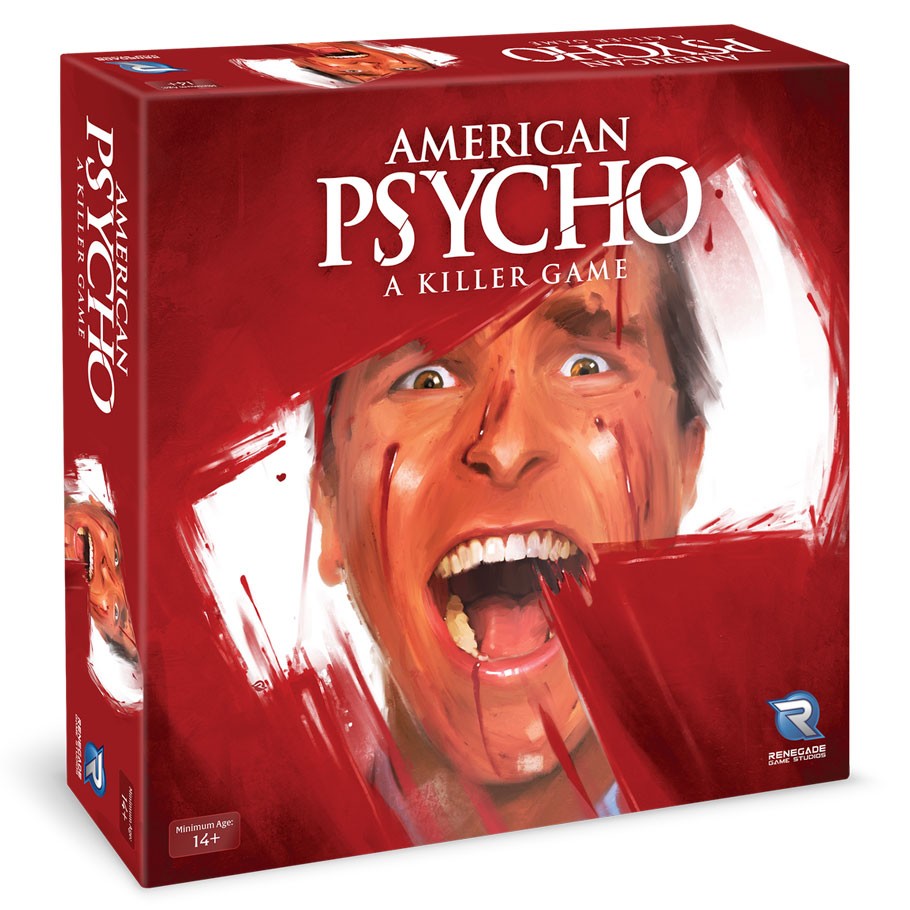 American Psycho: A Killer Game - American Psycho card game box with screaming man's face and blood splatter details.