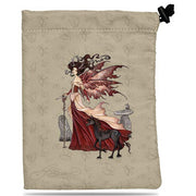 Treasure Nest Dice Bag RDQueen - Beige drawstring dice bag with a fairy in a red dress and a black dog illustration.