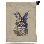 Treasure Nest Dice Bag Bott Gard - Beige fabric dice bag with purple-winged fairy sitting among flowers and mushrooms, black drawstring closure.