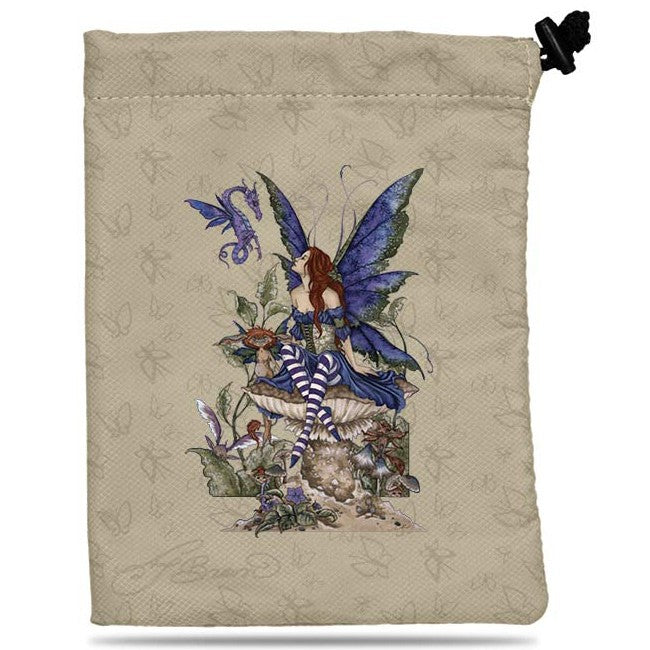 Treasure Nest Dice Bag Bott Gard - Beige fabric dice bag with purple-winged fairy sitting among flowers and mushrooms, black drawstring closure.