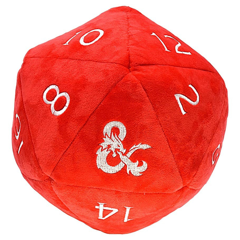 Jumbo D20 Plush - Red plush 20-sided die with white embroidered numbers and ampersand symbol.