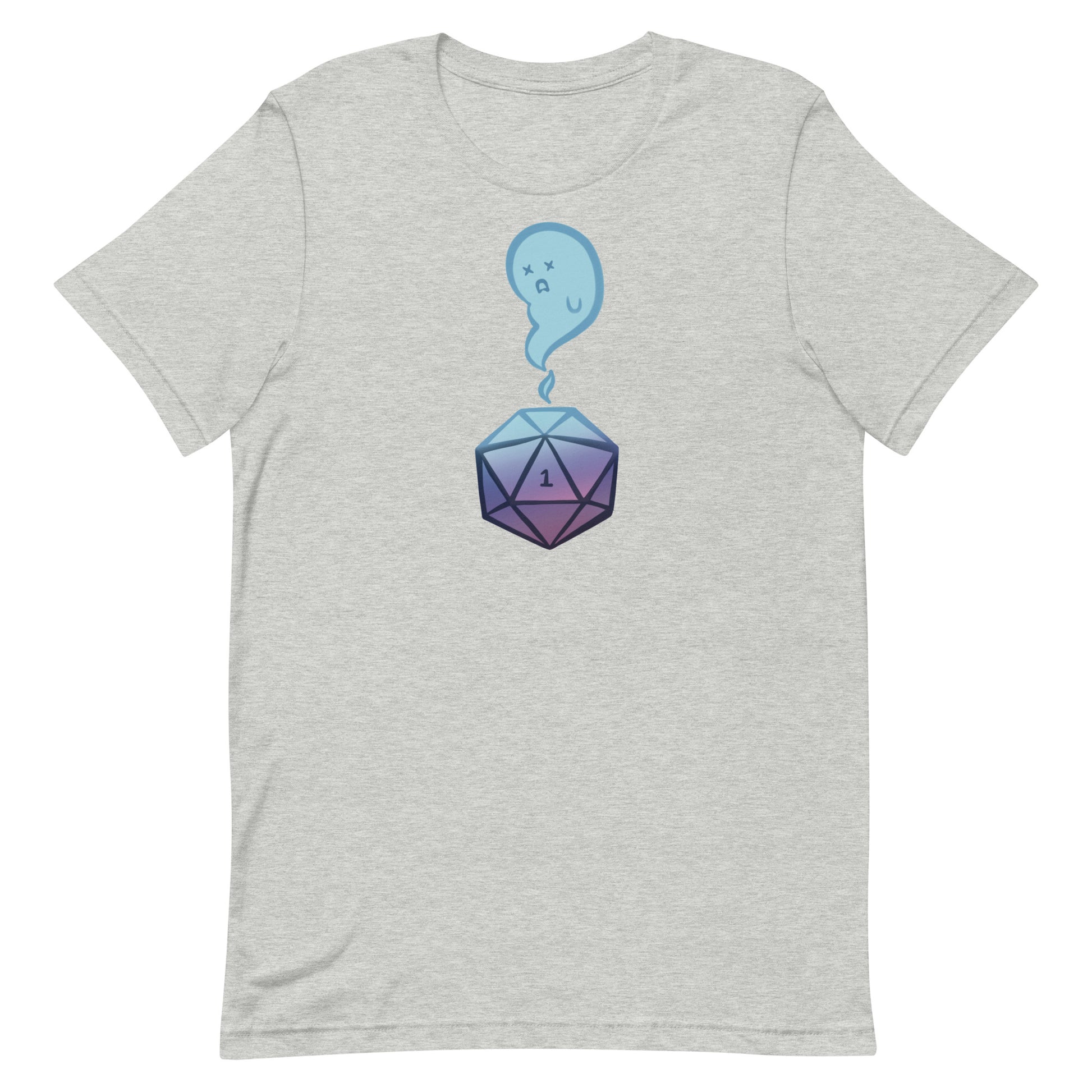 Critical Failure Shirt - Athletic Heather crew neck t-shirt with purple twenty-sided die and blue ghost graphic on front.