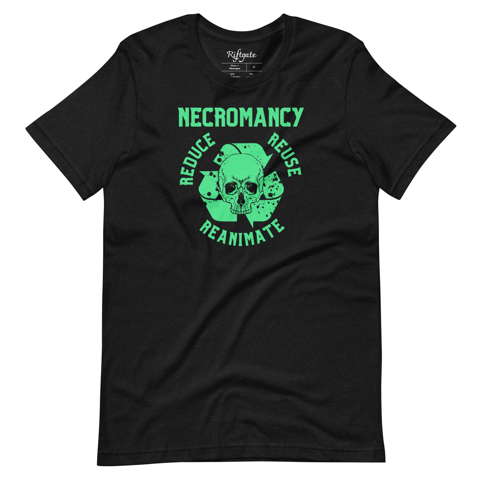 Necromancy Shirt - Black t-shirt with green graphic of two skulls and text "Necromancy Reduce Reuse Reanimate".