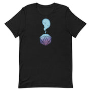 Critical Failure Shirt - Black t-shirt with a gradient purple and blue 20-sided die and a small sad cloud above it.