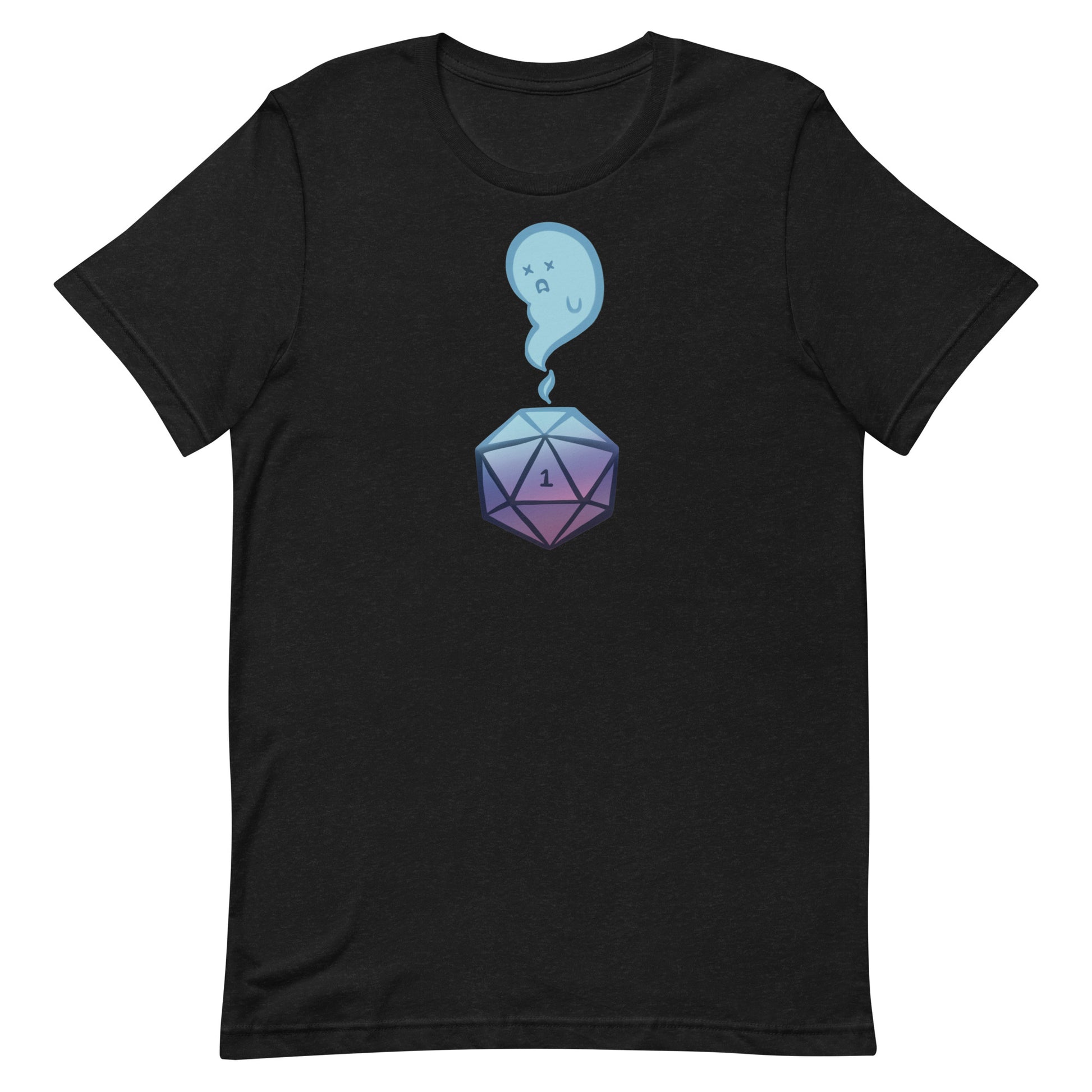 Critical Failure Shirt - Black t-shirt with a gradient purple and blue 20-sided die and a small sad cloud above it.