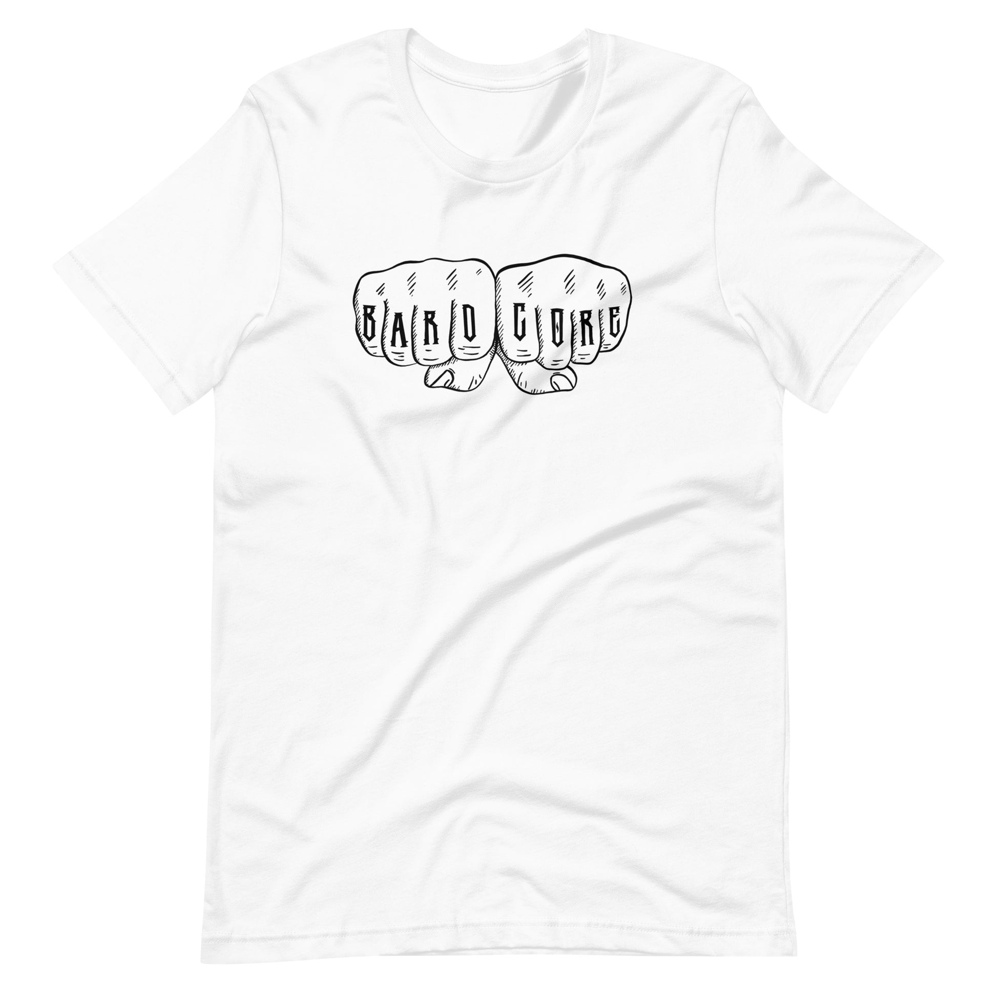 Bardcore Shirt - White Bardcore shirt with black knuckle tattoo design spelling "Bard Core" on fists.