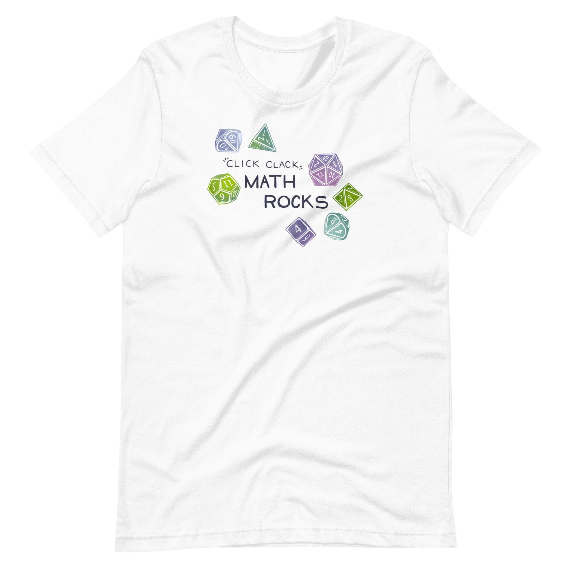 Math Rocks Shirt - White short-sleeve t-shirt with colorful math-themed dice and "Click Clack Math Rocks" text design.