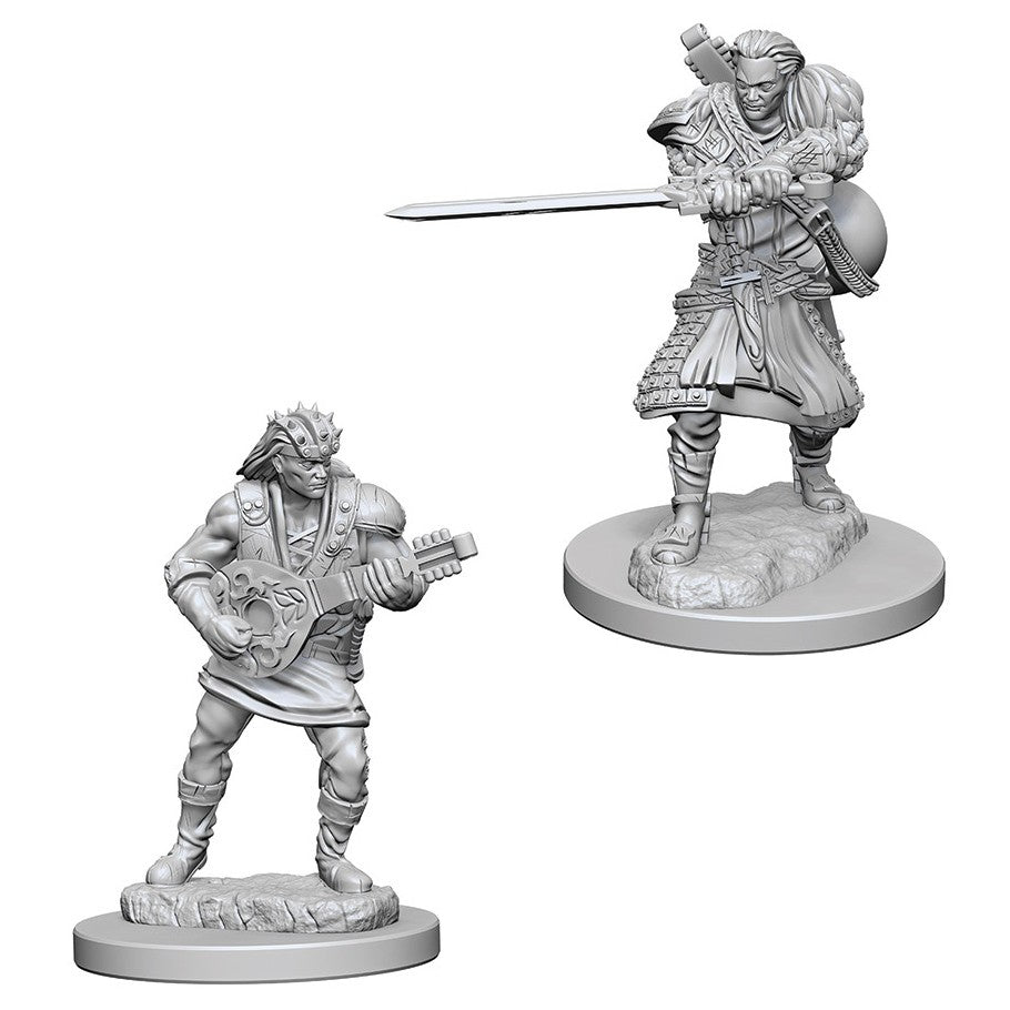 Dungeons & Dragons: Nolzur's Marvelous Minis: Human Male Bard W4 (Unpainted) - Unpainted human male bard miniature holding a lute and wearing detailed fantasy clothing on a round base.
