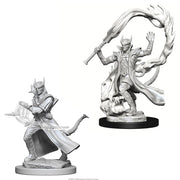 D&D: Nolzur's Marvelous Minis: Tiefling Male Sorcerer W4 - Unpainted Tiefling male sorcerer miniature wielding a flaming sword with flowing robes and pointed horns.