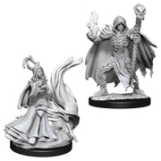 Pathfinder Battles Deep Cuts: Necromancers W10 - Two unpainted fantasy necromancer miniatures, one hooded with a staff and skull, the other casting a spell with flowing.