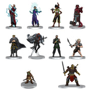 Critical Role Mini: NPCs of Exandria Set 1 - Ten detailed fantasy character miniatures from Critical Role, featuring diverse poses, clothing, and weapons on round bases.
