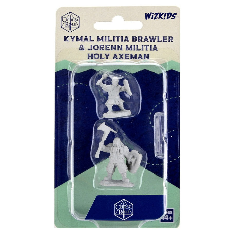 Critical Role Mini: Kymal & Jorenn - Two unpainted gray plastic fantasy miniatures, one wielding an axe and the other in a dynamic combat stance, on branded.