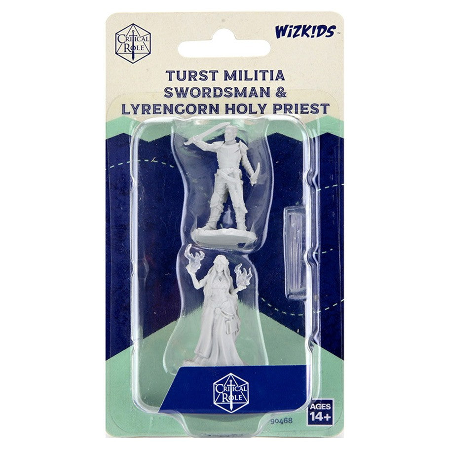 Critical Role Mini: Turst & Lyrengorn - Unpainted gray miniature set featuring Turst Militia Swordsman wielding a sword and Lyrengorn Holy Priest holding a staff,.