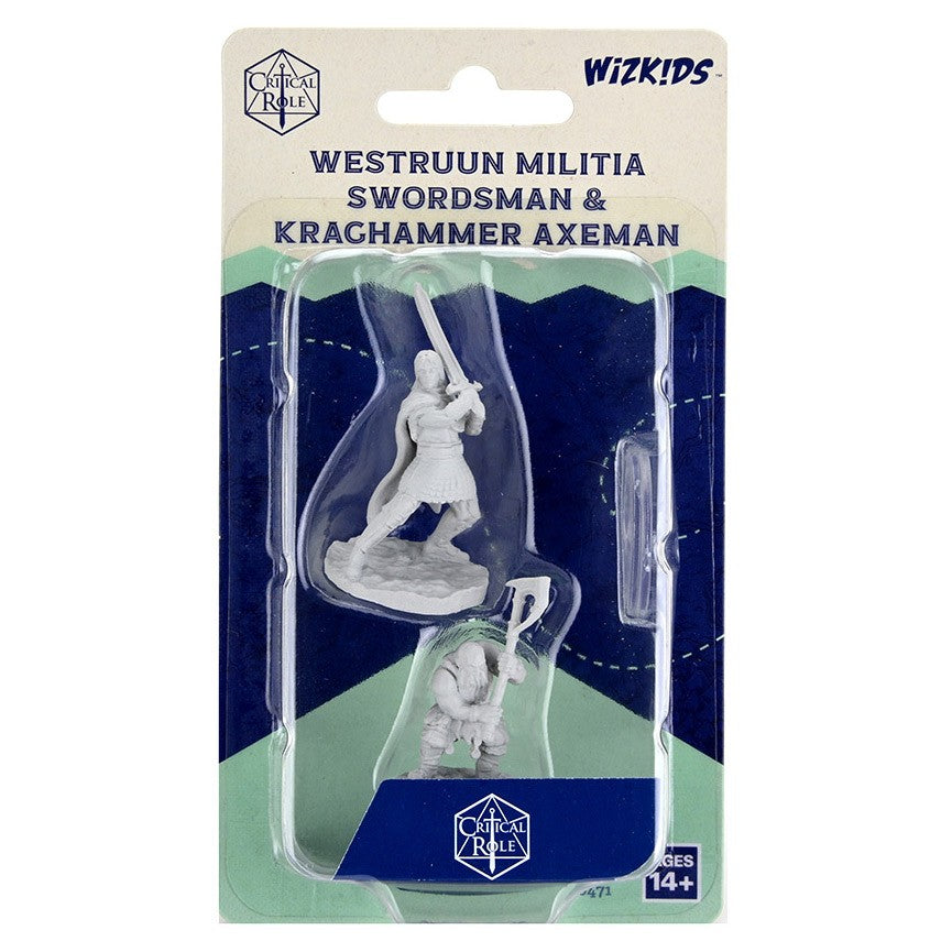 Critical Role Mini: Westruun & Kraghammer - Two unpainted grey plastic miniatures of fantasy warriors, one wielding a sword and the other an axe, in blister pack.
