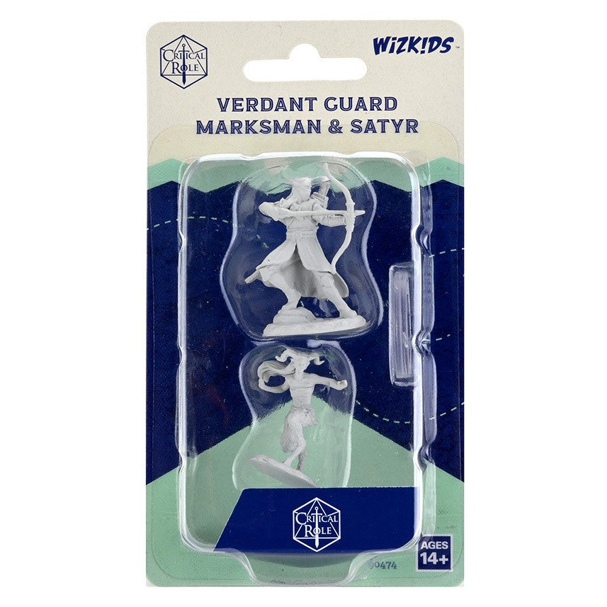 Critical Role Mini: Verdant Guard Marksman & Satyr - Two unpainted fantasy miniatures of a satyr and an archer in action poses, in clear plastic packaging with Critical Role.