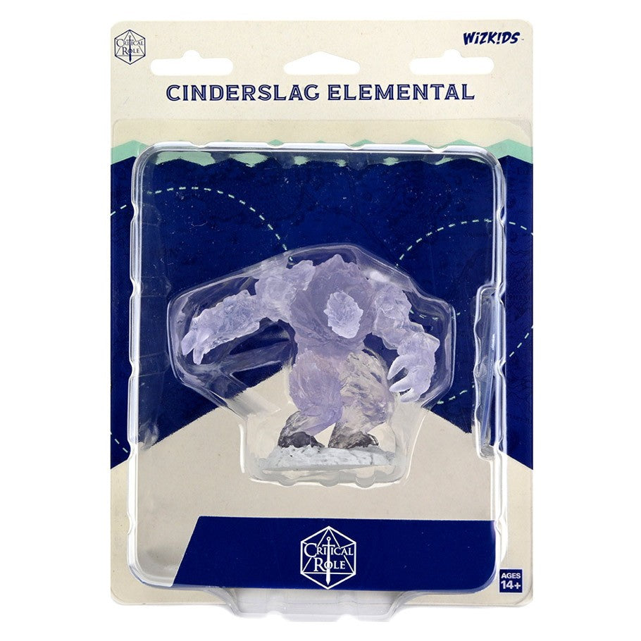 Critical Role Mini: Cinderslag Elemental - Transparent gray resin miniature of a rock-like elemental creature with jagged features on blue and beige backing card.