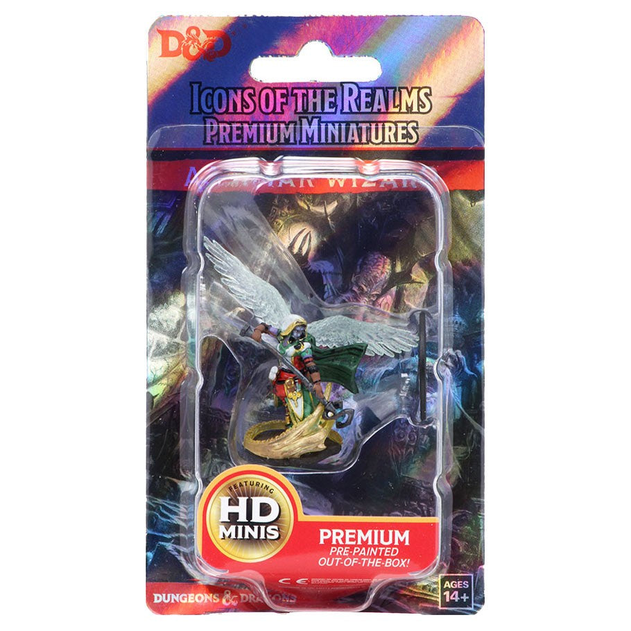 D&D: Icons of the Realms: Premium Figures: Aasimar Female Wizard - Female Aasimar wizard miniature with glowing wings and staff in colorful blister pack packaging.