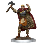 D&D: Icons of the Realms: Female Human Barbarian - Female human barbarian miniature wielding axe, wearing brown leather armor and fur-lined red cloak.